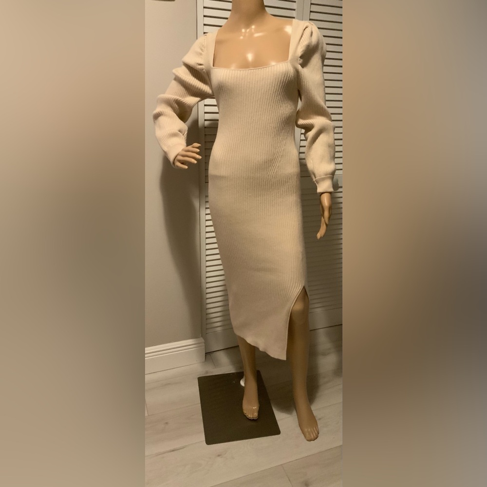 House of Harlow 1960, Ribbed Knit Dress with Puff Shoulders and Tie back.